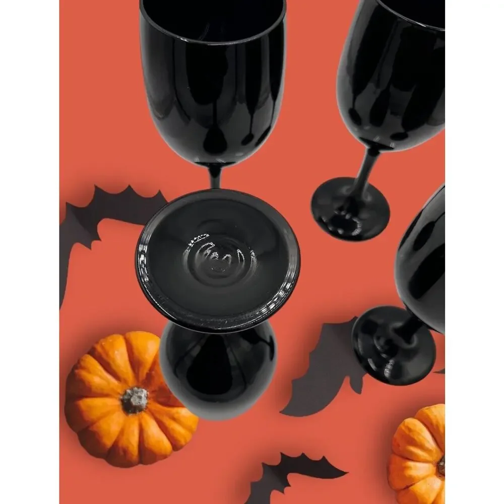 4 Libbey Premiere Black Wine Glasses Set Vintage Elegant Stemware Halloween‎ EUC